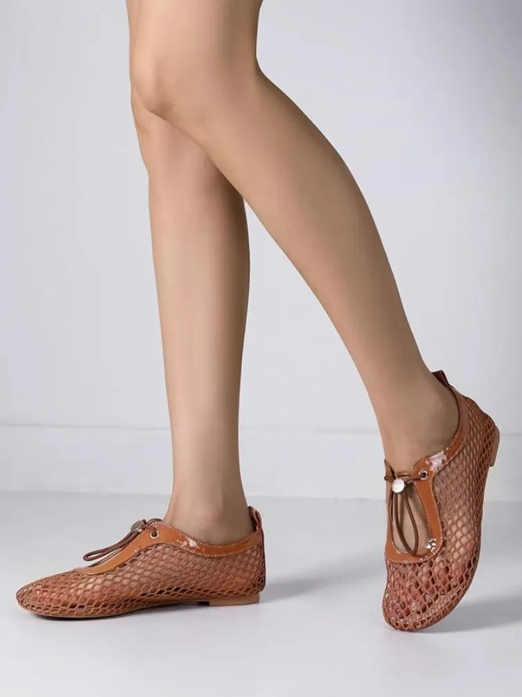 Brown caramel net flats shoes