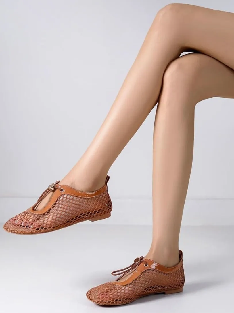 Brown caramel net flats shoes