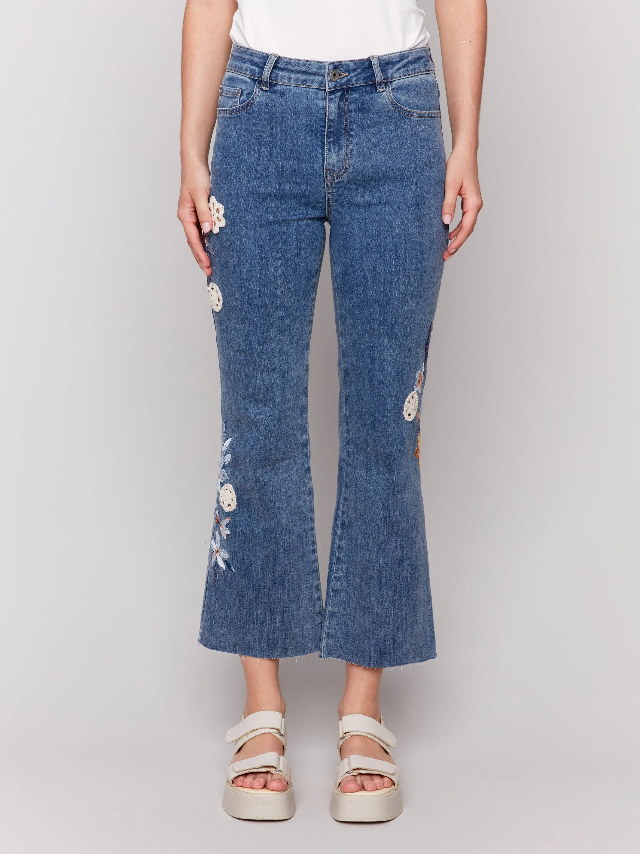 Floral Embroidered Crochet Jeans - Medium Blue