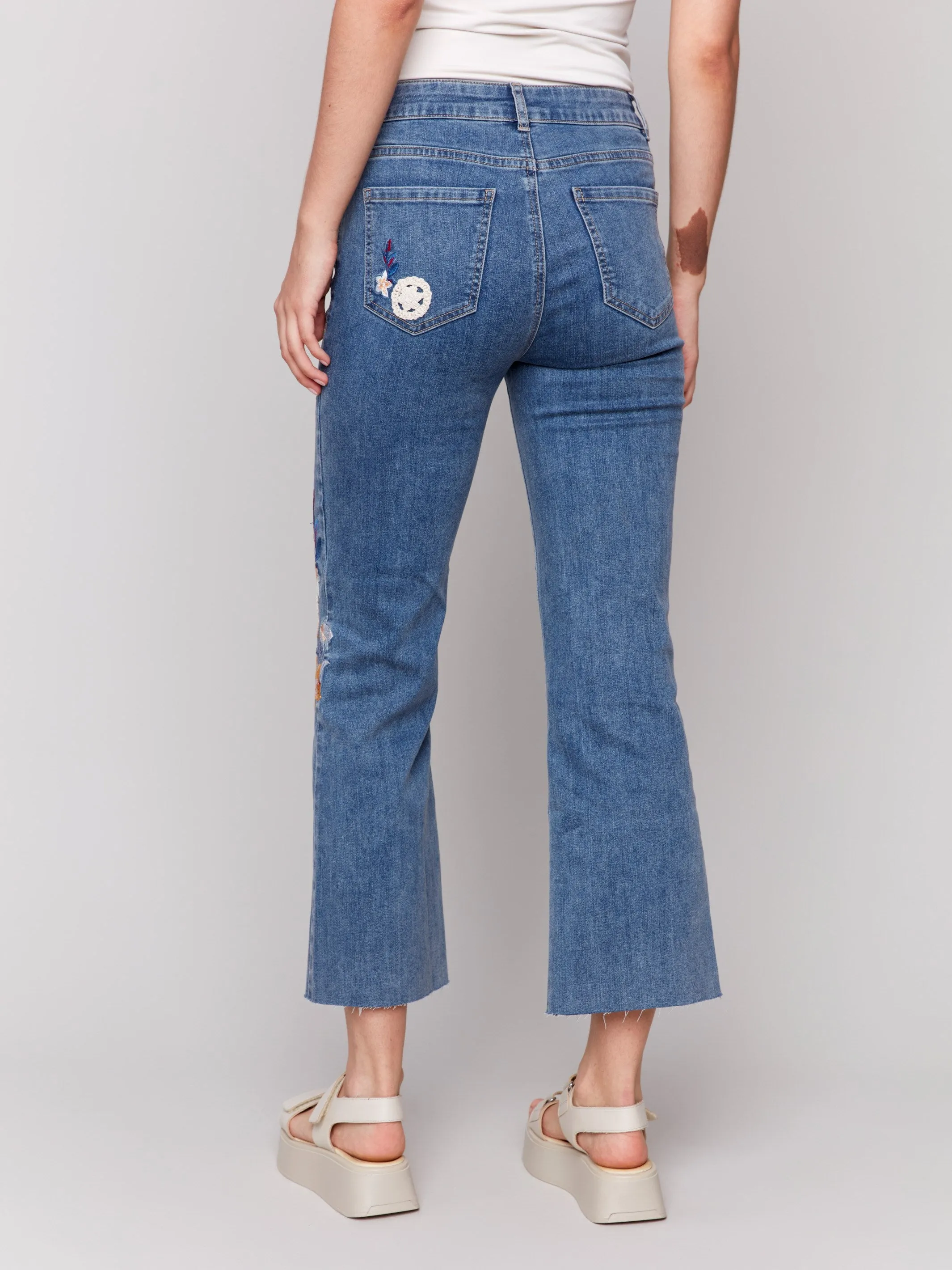 Floral Embroidered Crochet Jeans - Medium Blue