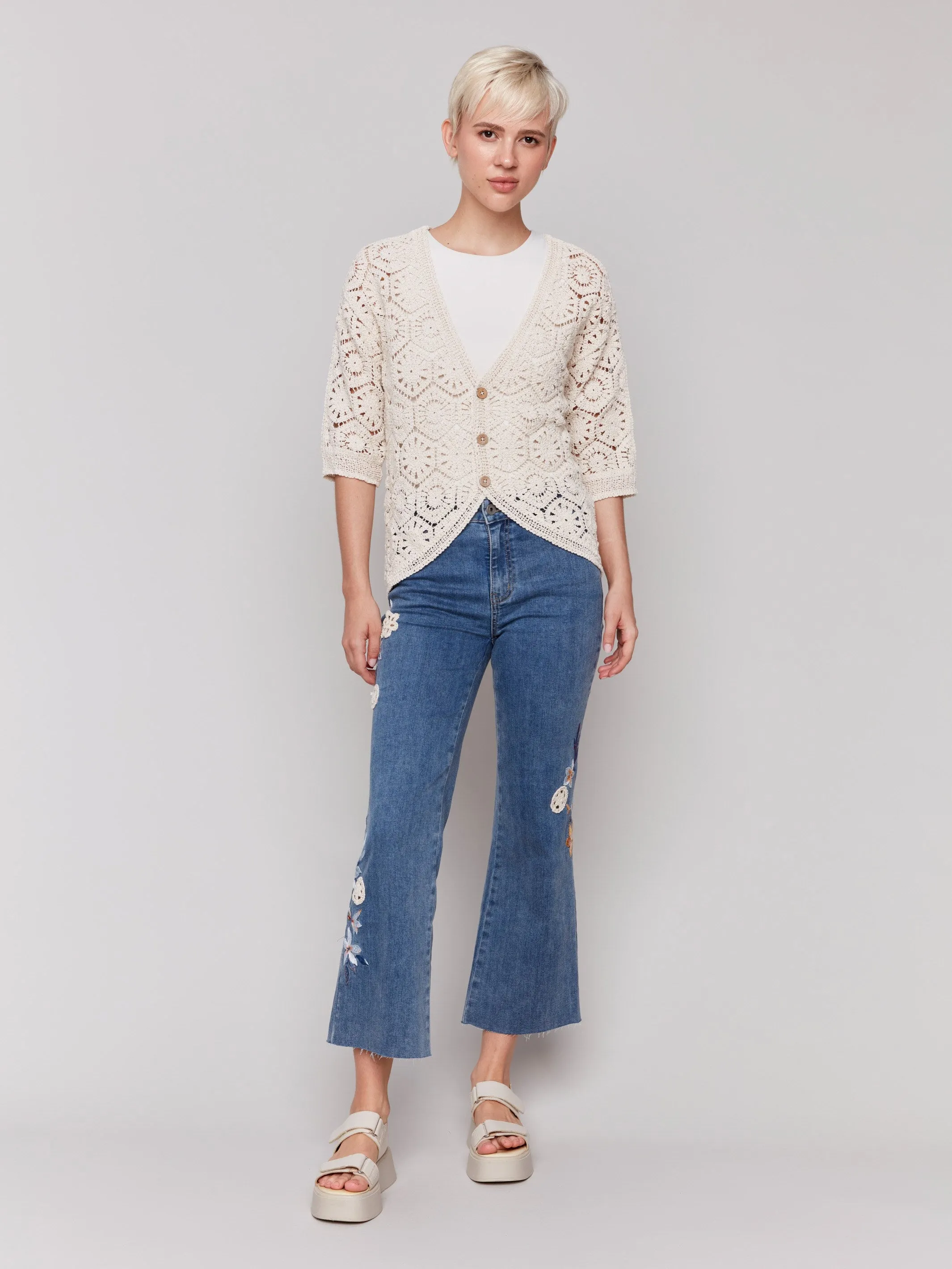 Floral Embroidered Crochet Jeans - Medium Blue