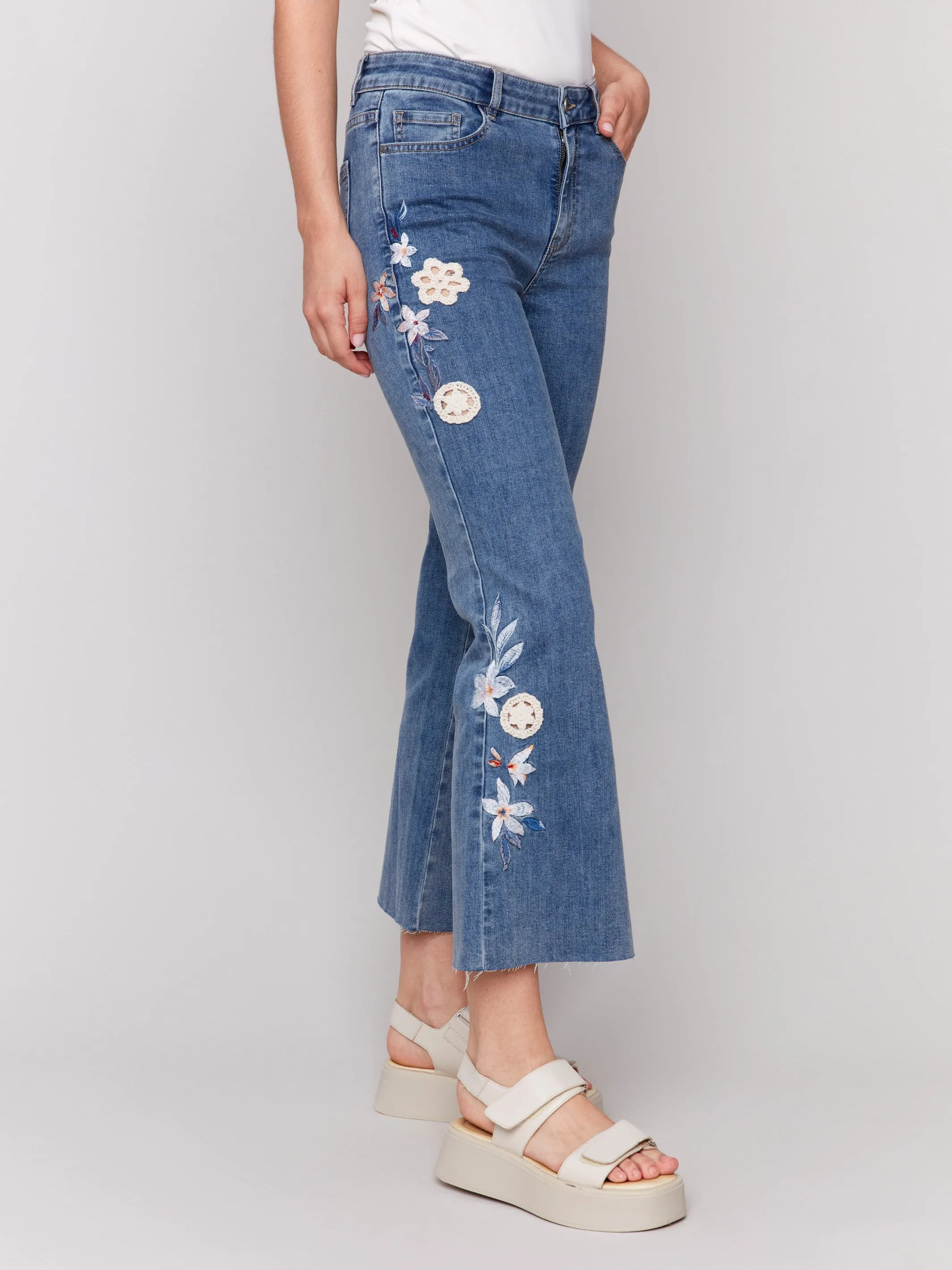 Floral Embroidered Crochet Jeans - Medium Blue