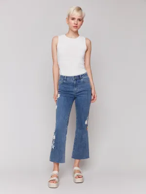 Floral Embroidered Crochet Jeans - Medium Blue