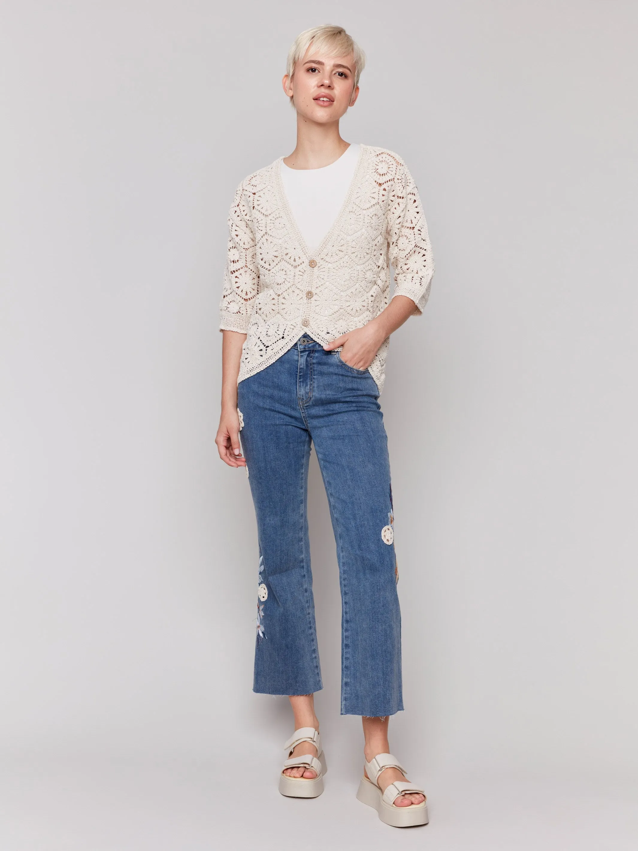 Floral Embroidered Crochet Jeans - Medium Blue