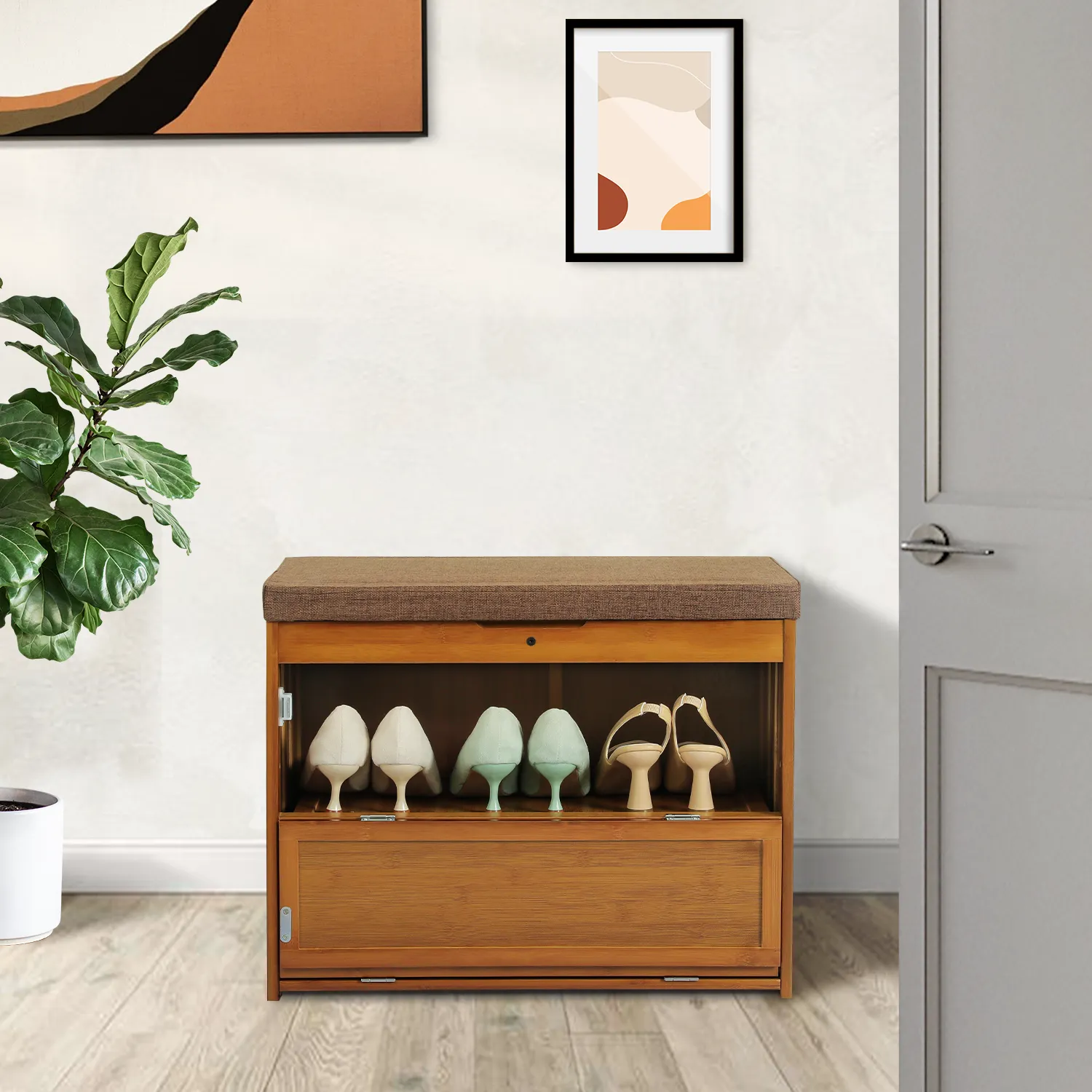 Shoe Rack Organizer Cabinet - Changing Bench - with Upholstered Flip-Open Storage & Drop Down Door - 2 Tier - Brown
