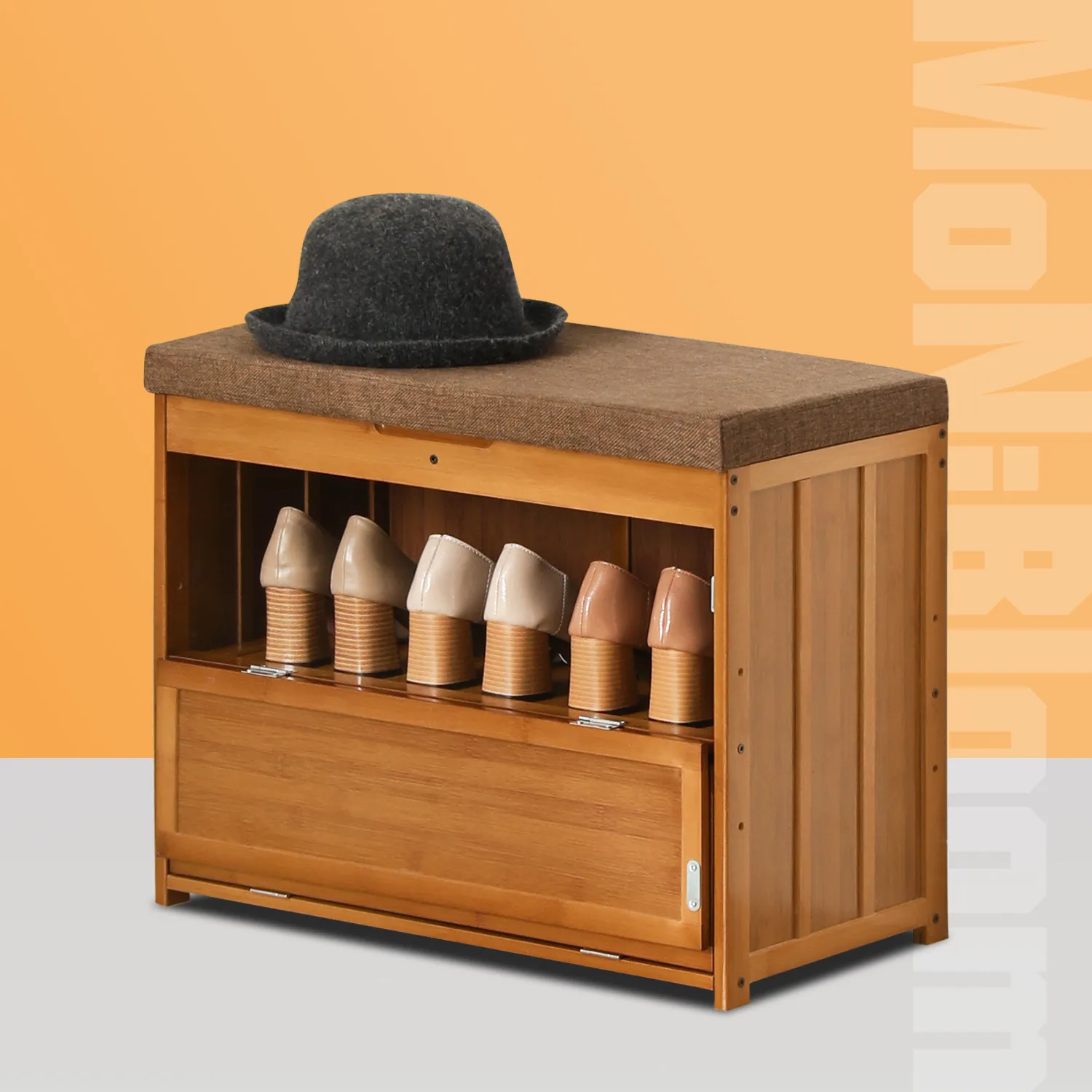 Shoe Rack Organizer Cabinet - Changing Bench - with Upholstered Flip-Open Storage & Drop Down Door - 2 Tier - Brown