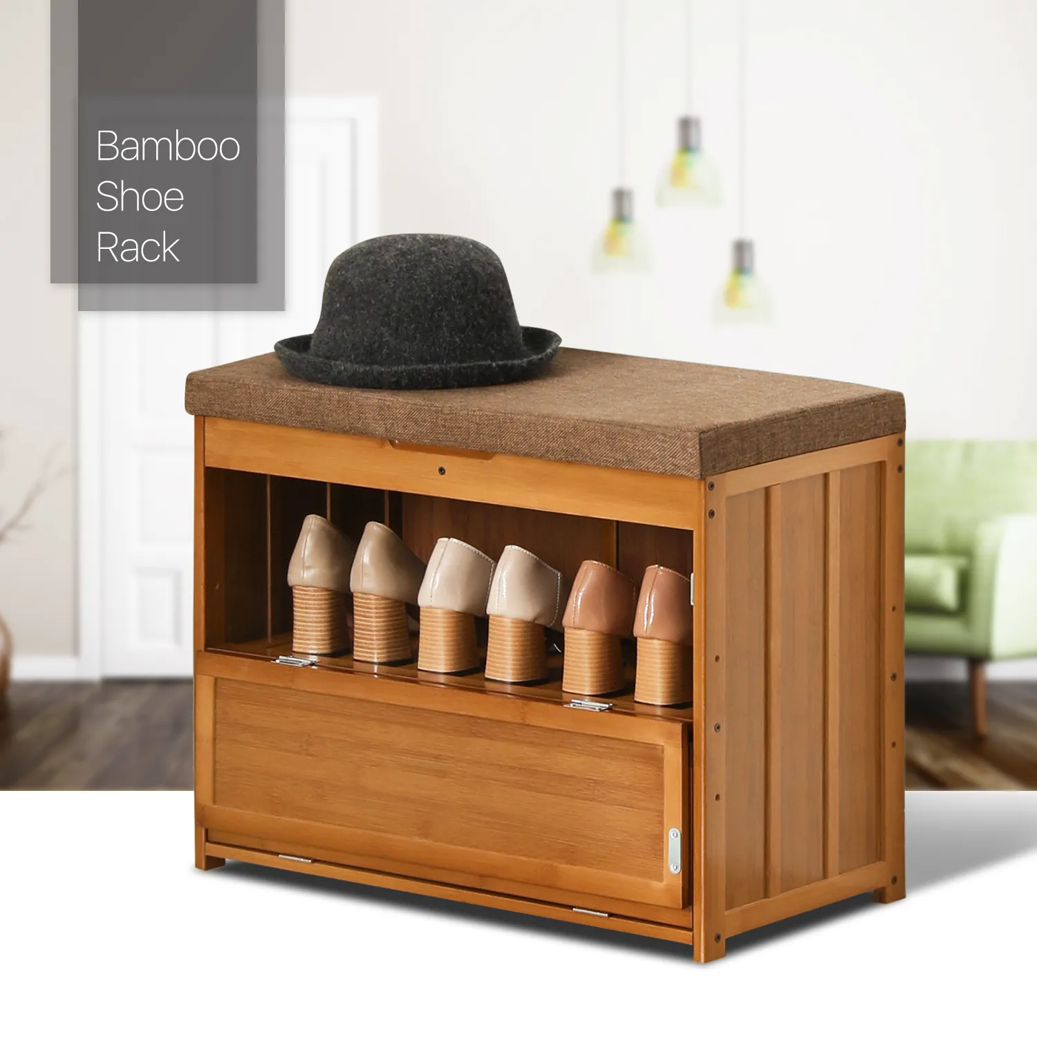 Shoe Rack Organizer Cabinet - Changing Bench - with Upholstered Flip-Open Storage & Drop Down Door - 2 Tier - Brown