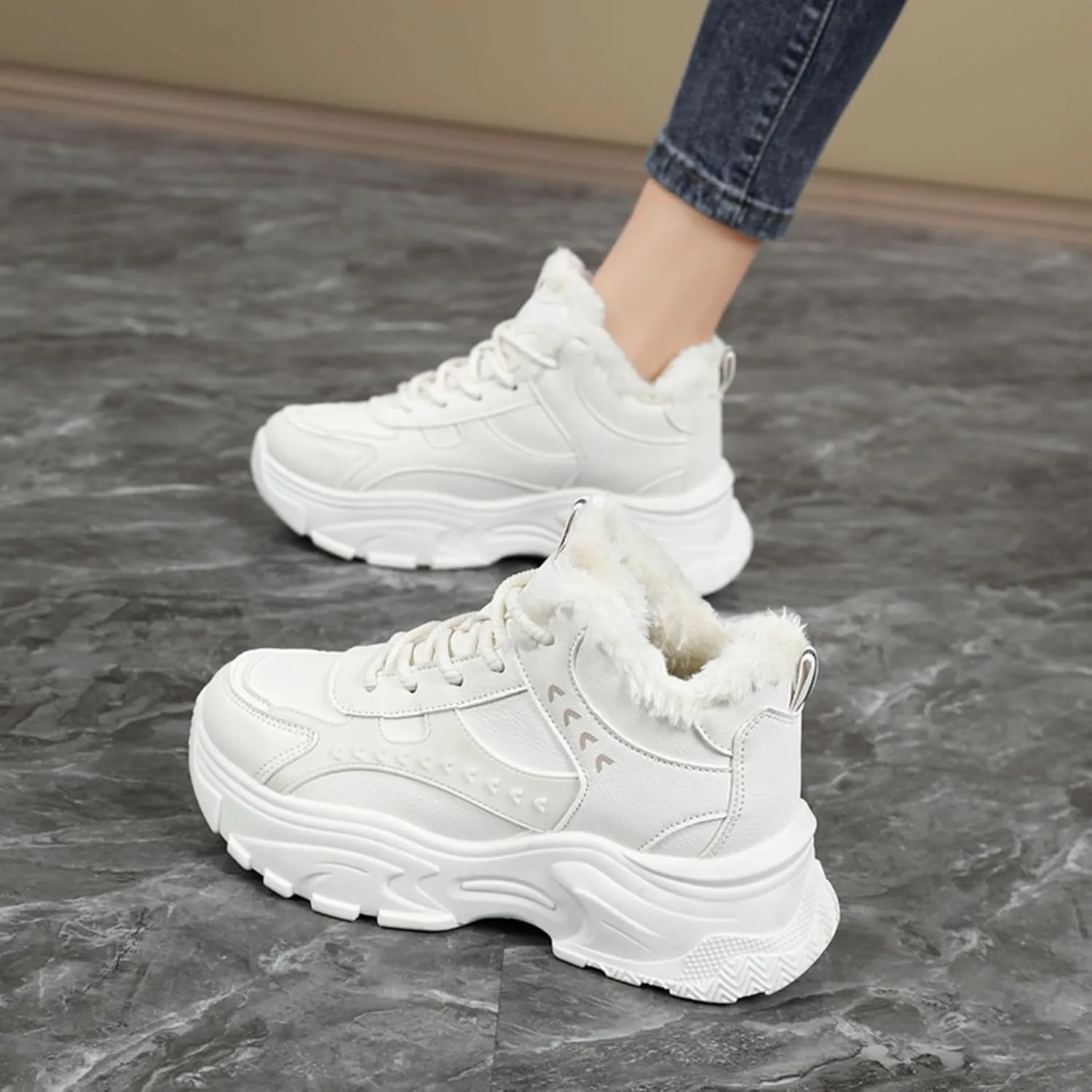 Womens Fashion Lace-Up Leather Chunky Sneakers Platform Round Toe Non-Slip Casual Fur Lined Snow Boots for Walking Workout Driving