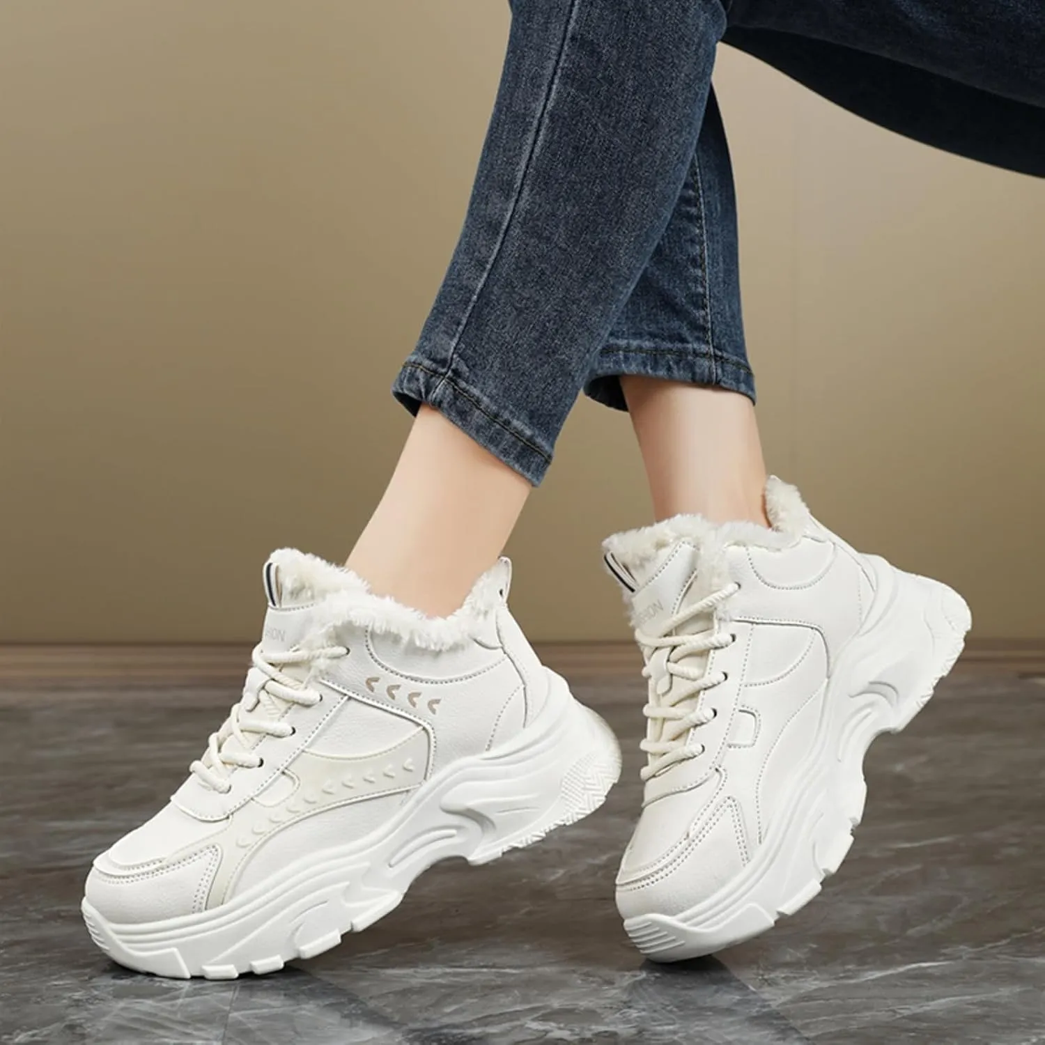 Womens Fashion Lace-Up Leather Chunky Sneakers Platform Round Toe Non-Slip Casual Fur Lined Snow Boots for Walking Workout Driving