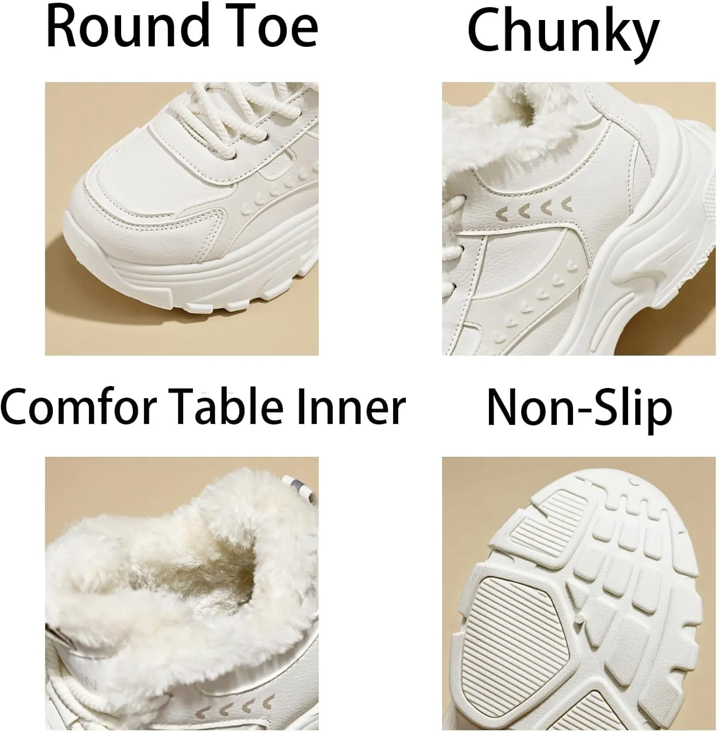 Womens Fashion Lace-Up Leather Chunky Sneakers Platform Round Toe Non-Slip Casual Fur Lined Snow Boots for Walking Workout Driving