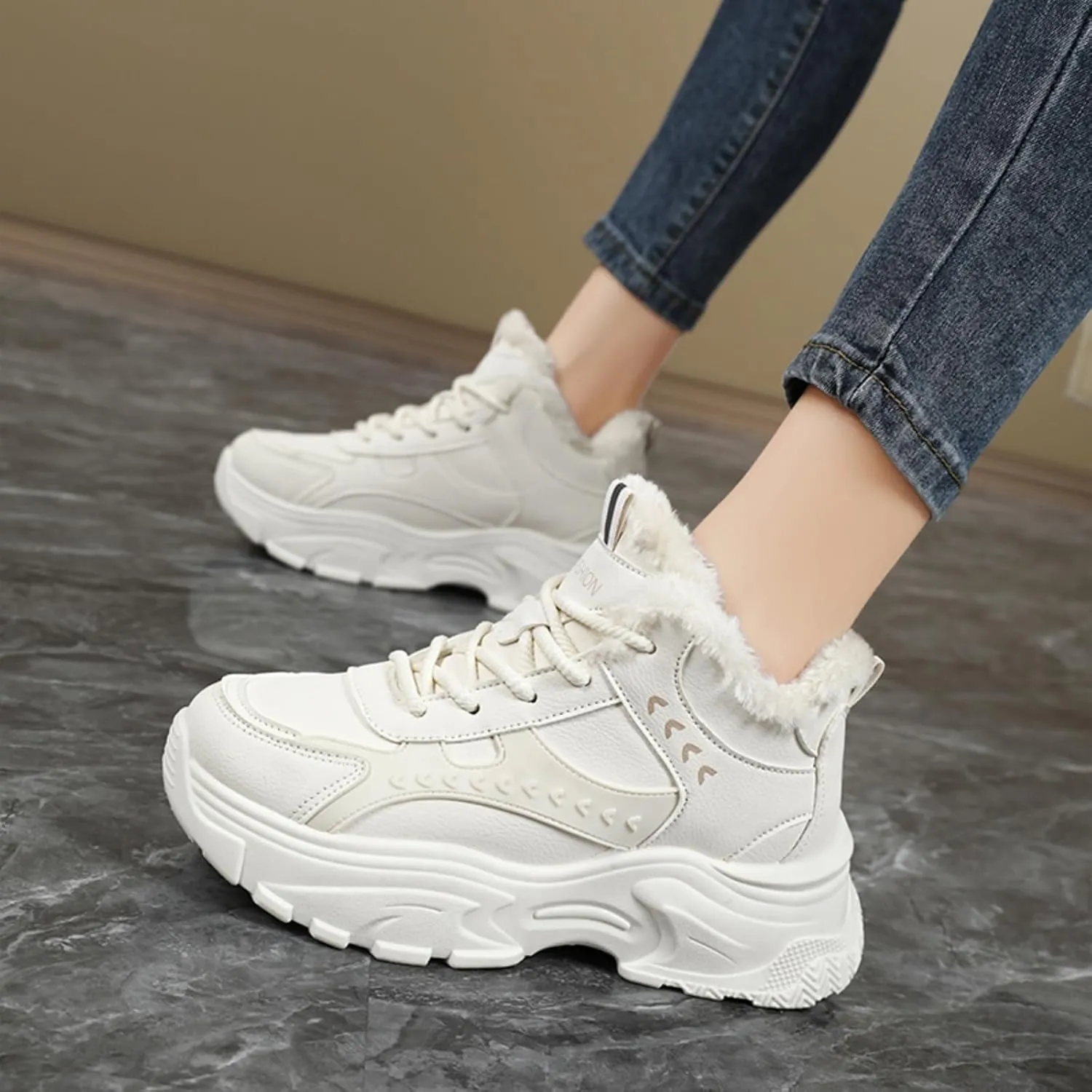 Womens Fashion Lace-Up Leather Chunky Sneakers Platform Round Toe Non-Slip Casual Fur Lined Snow Boots for Walking Workout Driving